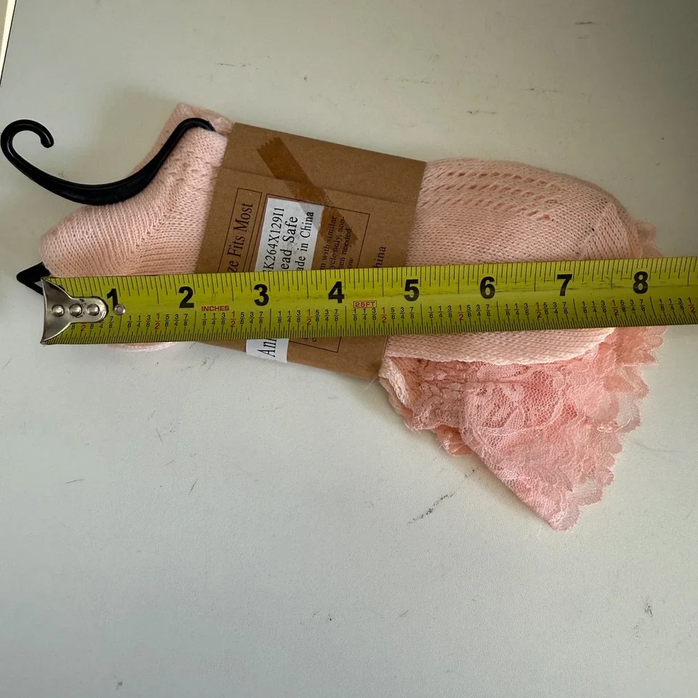 Pink Pointelle Knit Lace Trim Ruffle Ankle Boot Socks OSFM‎ kawaii cottage